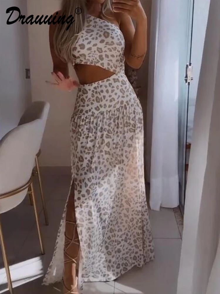 

D​rauuing Off Shoulder Leopard Print Cut Out Maxi Dresses Women Sleeveless Side Split Hem Long Summer Dresses Female Slim Print