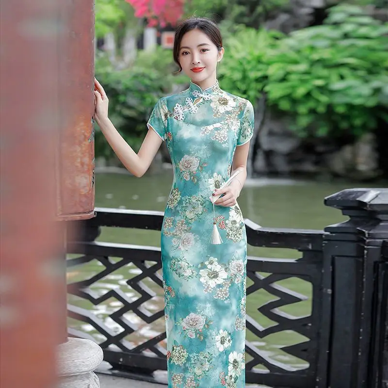 Chinese Dress Women Plus Size Summer Long Cheongsam Lined Vintage Evening Dress Slim Elegant Wedding Show Costumes Qipao M To 5XL