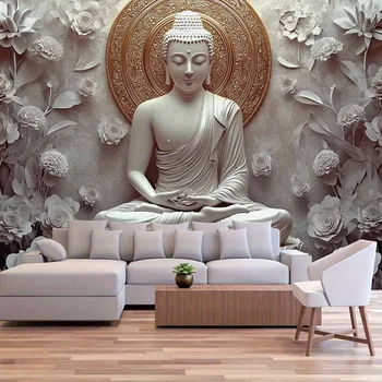 🪷 Sacred White Stone Buddha with Golden Lotus Halo – Spiritual Wall Tapestry 1