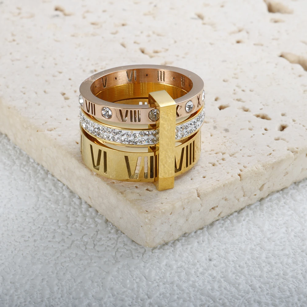 Three Layers Roman Numerals Ring for Women Luxury Stainless Steel