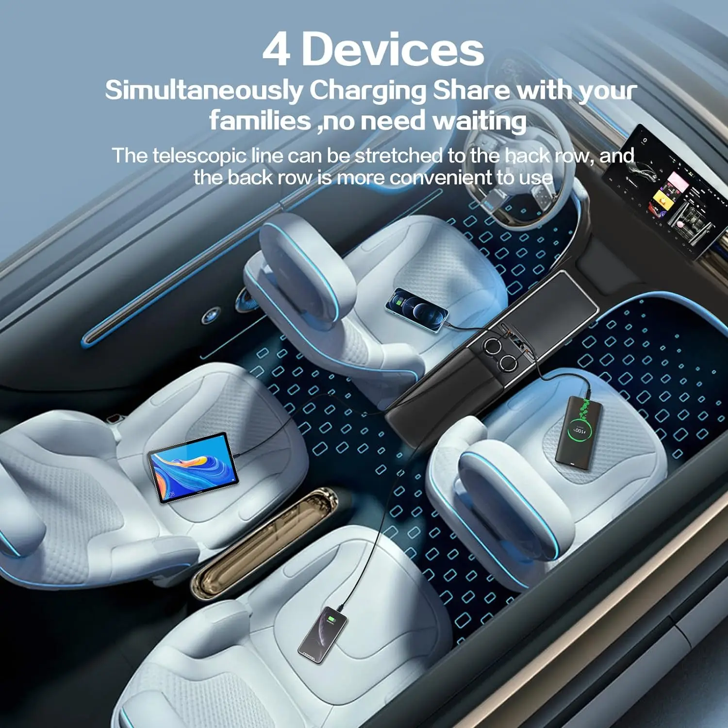 Tesla USB Hub For Model 3/Y 2021-2024 - Retractable Cable Docking Station With Fast Charging