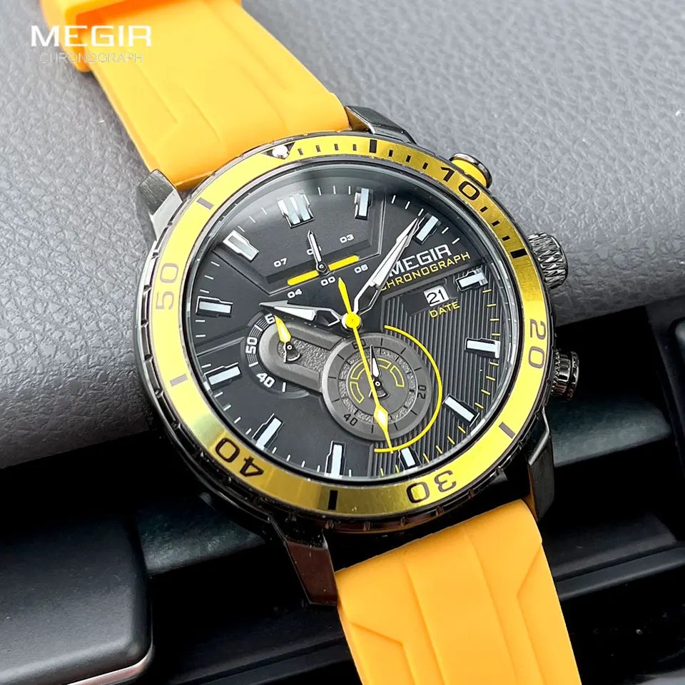 MEGIR Yellow Sport Watch Men Milary Sport cronografo orologio da polso al quarzo con data ottagono quadrante lancette luminose cinturino in Silicone  1511