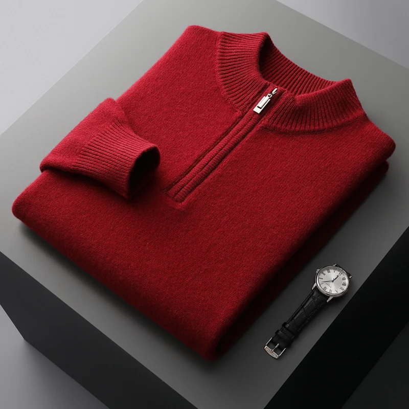 Winter new cashmere sweater men's knitted plus size high-end coat 100% wool half-height collar thick pullover youth Joker warm 4