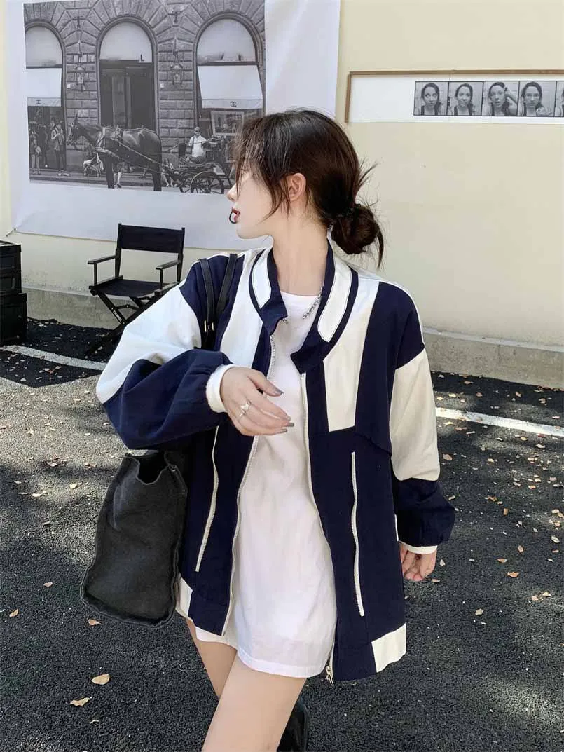 

Contrast Color Long Sleeves Jacket Coat Women's Clothing New Korean Style Casual Loose Versatile Baseball Uniform Top Fashion