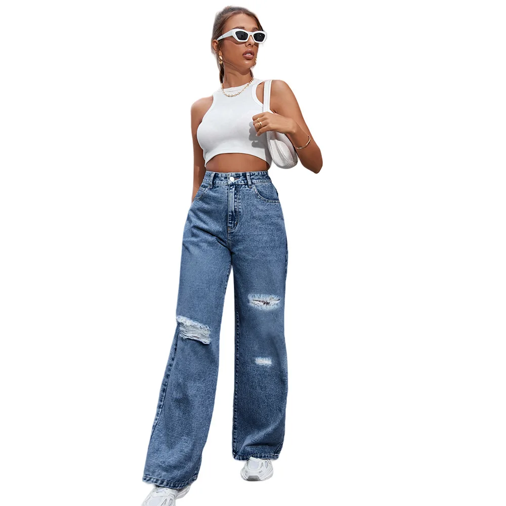 

Fashion High Waist Eyelet Chain Ripped Street Wear Straight Legging Zipper Fly Ladies Jeans