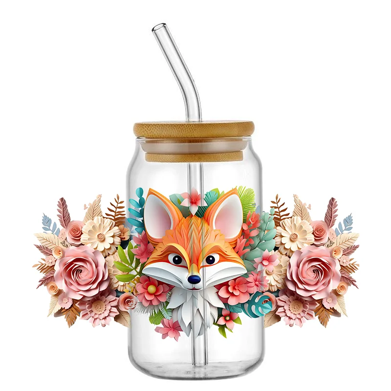 easy peel waterproof animal Fox design transfers uvdtf crystal stickers 16oz uv dtf cup wraps for glass coffee mug