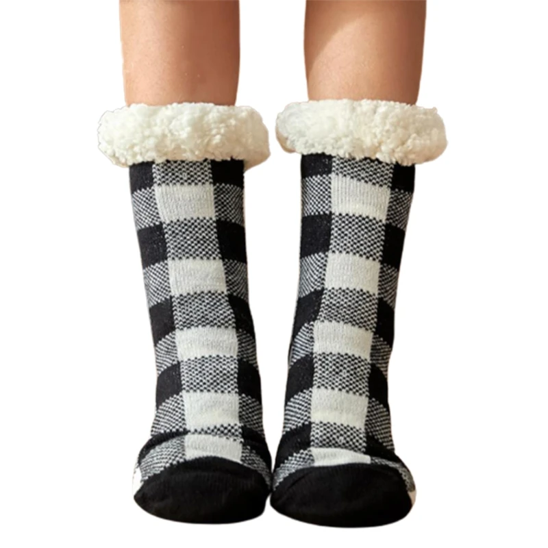 

Women Winter Fuzzy Slipper Socks Vintage Plaid Print Non Slip Fleece Stockings drop shipping