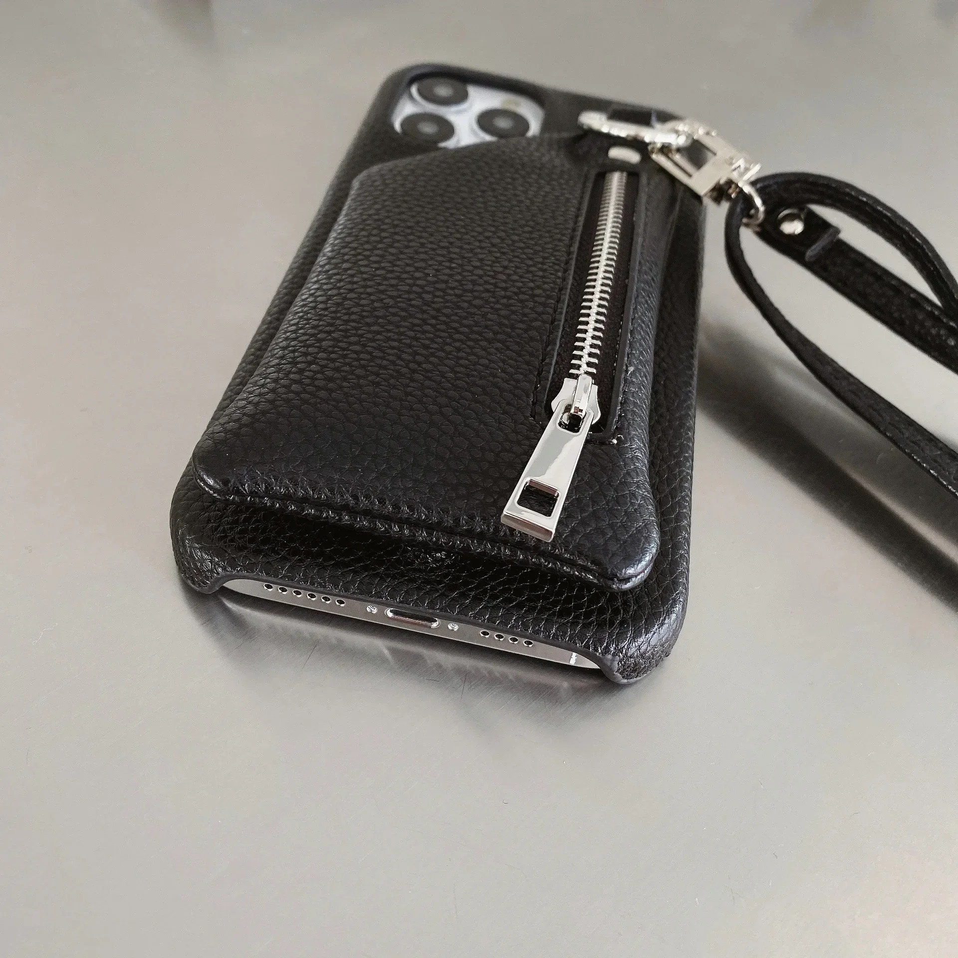 Zipper Wallet Crossbody Lanyard Phone Case with Card Pocket and Coin Purse in Leather