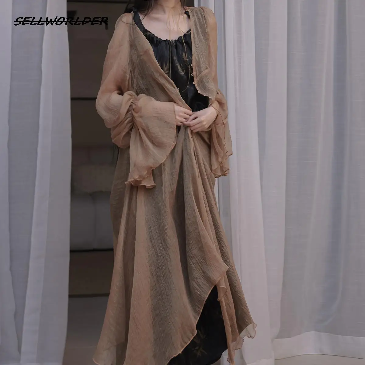 

2023 Woman Loose Solid sun protection butterfly sleeved lace up cardigan cool light coat