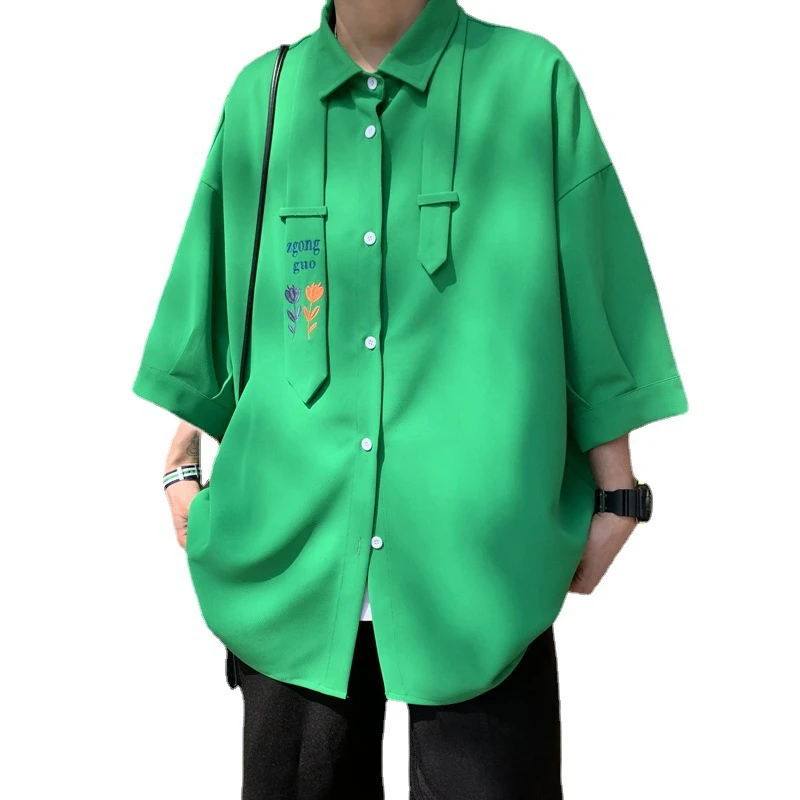 

Summer Solid Green Shirt Men Short Sleeve Casual Shirts Matching Floral Embroidery Necktie Shirts Daily Tops Fashion Streetwear