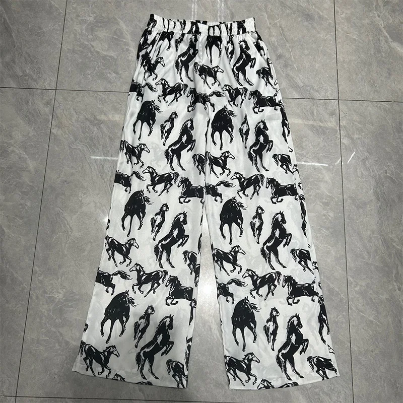 

2024 Summer Wide Leg Pants For Women Horse Printed Classic Elegant Long Loose Trousers