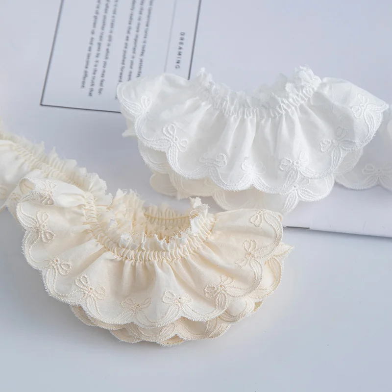 White Pure Cotton Pleated Lace Trim - 1 Yard, 4CM Width, Flower Bow Design for DIY Clothing and Hair Accessories