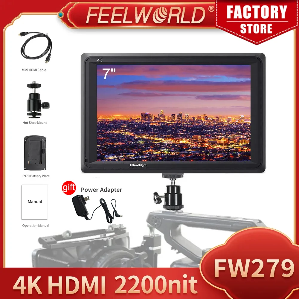 Feelworld FW279 7 Inch IPS 2200nits Camera Field Monitor 4K HDMI Input Output 1920X1200 LCD Monitor for DSLR Stablizer