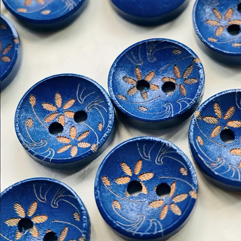 50 قطعة من الأزرار الخشبية المنحوتة بالزهور باللونين الأزرق والذهبي مستوحاة من الطراز القديم للحرف اليدوية والخياطة والملابس - جولة أنيقة