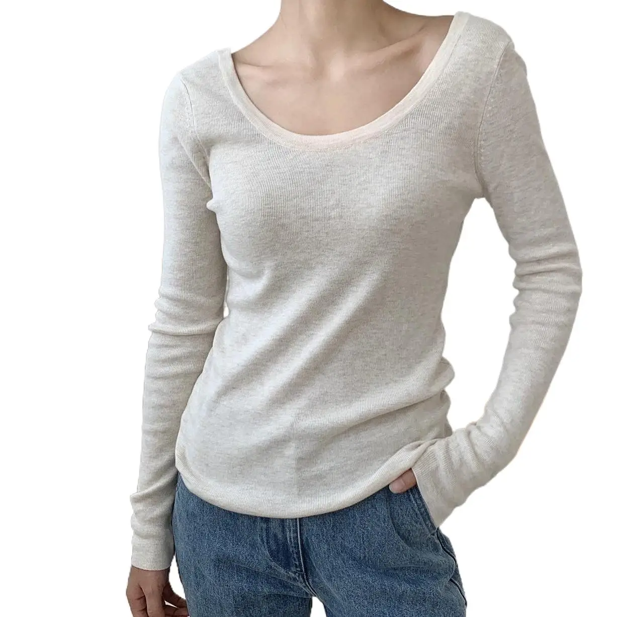 

Knit V Back Cotton Scoop Neck Tops Women Slim Soft Solid Color Knitwear For Women Long-sleeved Underlay Blouse Thin One Size