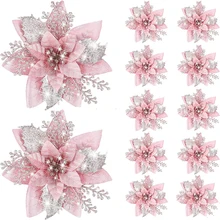 5 개 14.5cm 반짝이 인조 크리스마스 꽃 메리 크리스마스 트리 장식, 새해 복 많이 받으세요