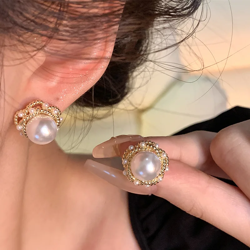 New S925 Silver Needle Vintage Round Imitation Pearl Earrings for Women Fashion Temperament Ear Jewelry Gift