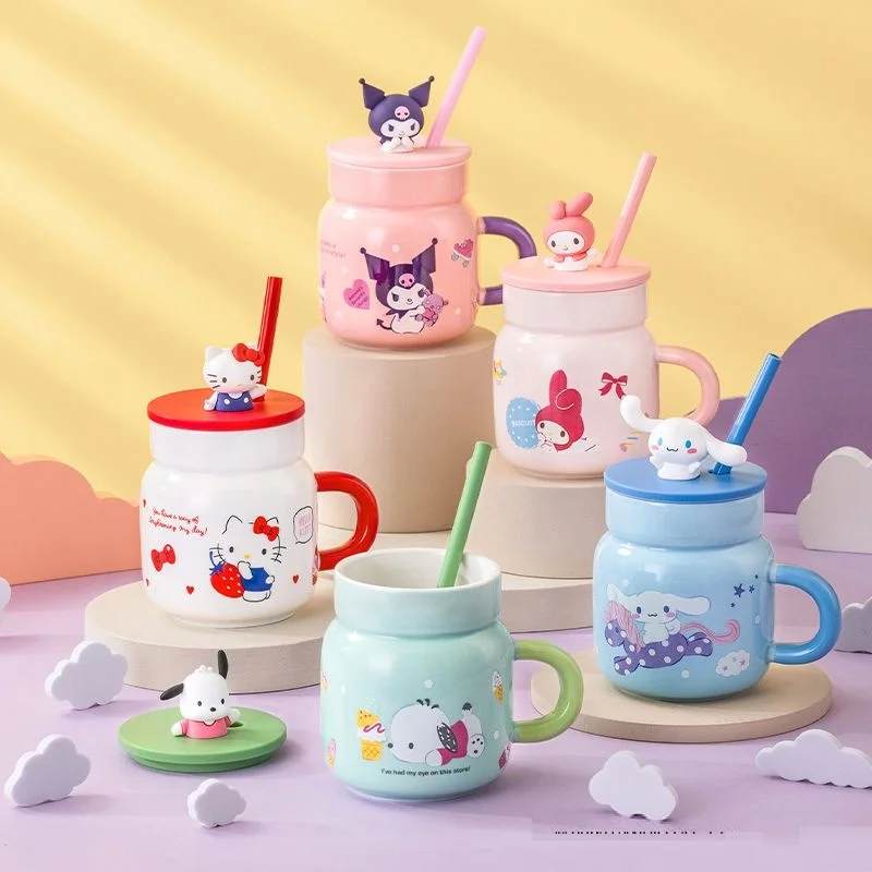 

450 мл Sanrioed аниме Hellokittys керамическая кружка Kawaii Kuromi Melody понравило детский стакан для воды стакан для молока с крышкой чашка в подарок