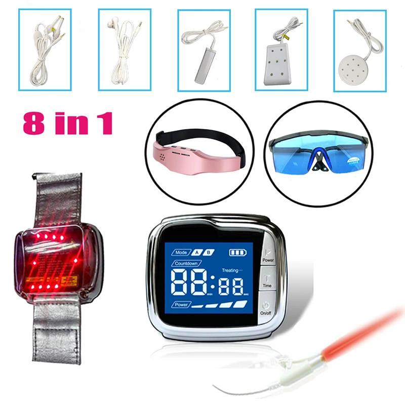LASTEK 8 in 1 Home Health Care LLLT Laser Watch Therapy Device + 5 ENT External Probe + 650nm Protective Glasses Head Massager
