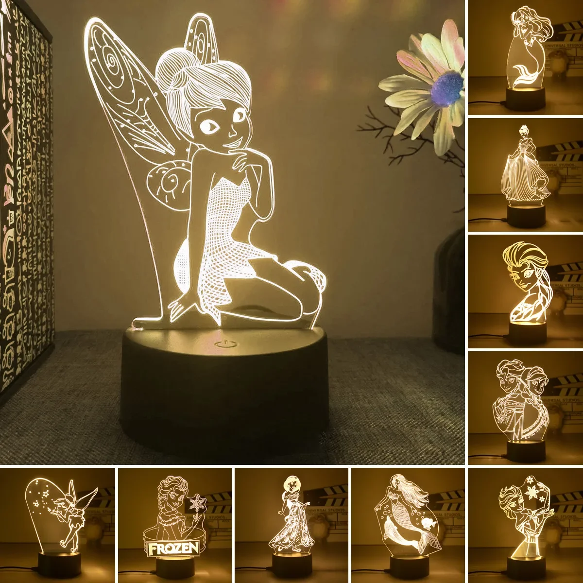 

Anime Lamp Disney Princess Cartoon figure Night Light Fairy Tinkerbell 3D LED Table Lamp Figure Toys Lamp Bedside Decor Gift