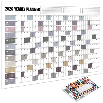 Calendario da parete 2026 - Calendario con visualizzazione dell'anno completo 2026, pianificatore da parete dell'anno 2026 con adesivi e bastoncino rotondo bifacciale