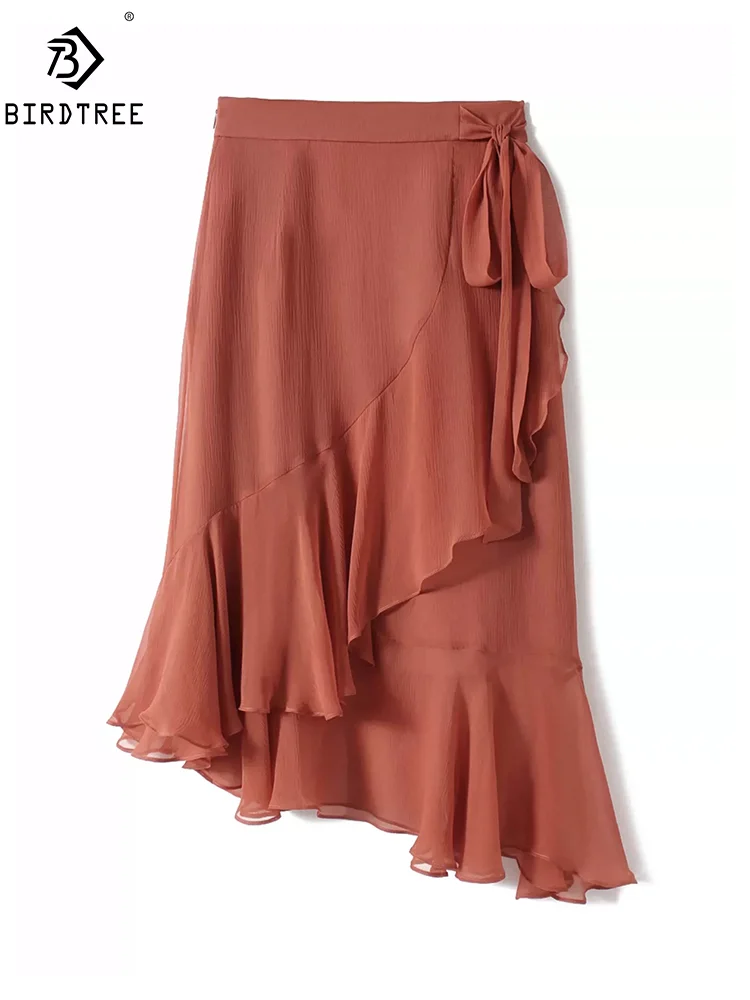 

BirdTree 100%Mulberry Natural Silk Elegant Skirt, Women Elastic Waist Ruffles, OL Fashion Chic Skirt, 2024 Summer New B45428QM
