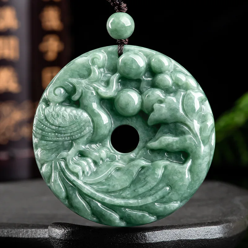 

JiaLe/Hand-Carved/Natural Jade Phoenix Carved on Both Sides Emerald Necklace Pendant Fine Jewelry Men Women Accessories Gift