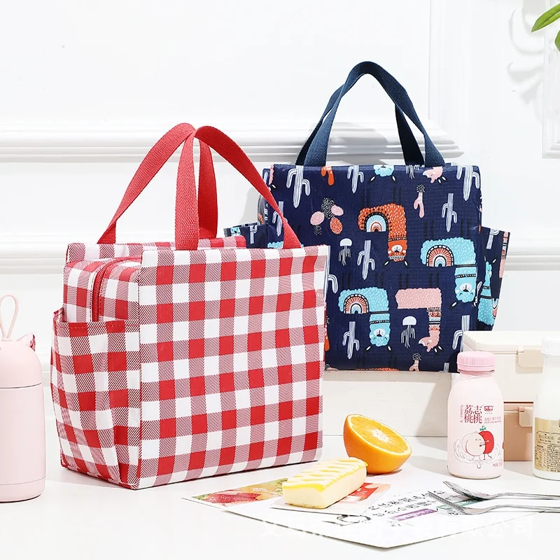 

New Children Oxford Lattice Portable Two Side Pocket Student Bento Bags Office Workers Lunch Bag Outdoor Portable Picnic Ice Bag