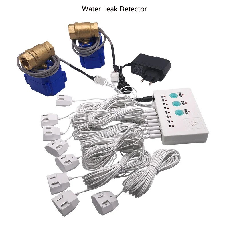 water pipe leakage alarm system with 8 water sensors 2pc dn15 1 2 valves auto closed prevent leakage for home security system Water Leakage Alarm Detector( 8pcs Sensor Cables )  With DN15 DN20 DN25 Flood Pipe Leak Detection Home Smart Security System