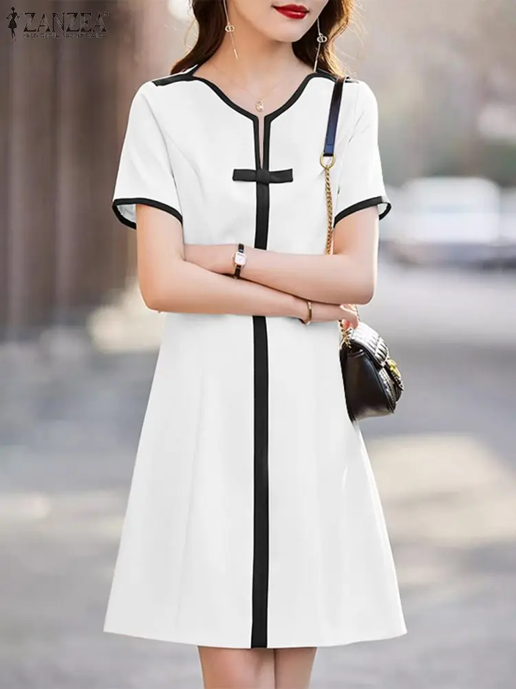 

ZANZEA Women Office Dresses Elegant Colorblock Mini Dress Fashion Bowknot Stitching Sundress 2024 Summer Waisted Short Vestidos