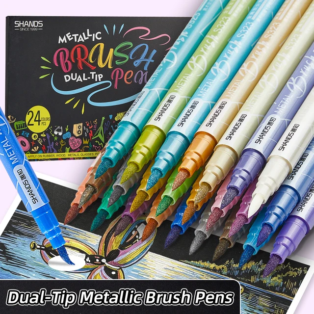 6/12/24pcs Dual Tip Metallic Brush Pens Soft Calligraphy Markers for Journaling Lettering DIY Art School Suppli 1