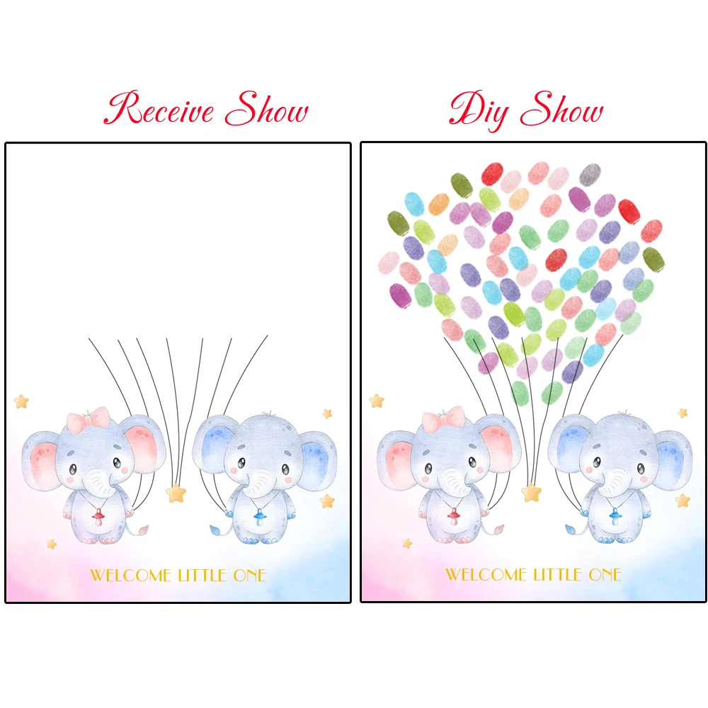 Gender Reveal Party Welcome Little One Elephant Theme Baby Shower Fingerprint DIY Painting Guest Book (Inkpad Included)