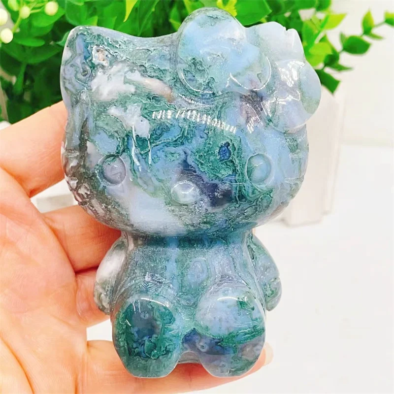 

Natural Moss Agate Cartoon KT Cat Carving Quartz Healing Crystal Stone Cute Birthday Present Home Decoration 1PCS