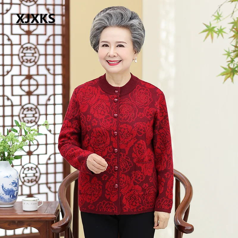 

Женская куртка XJXKS с круглым вырезом и длинными рукавами, Осень-зима 2022, Новый Кардиган большого размера для среднего и пожилого возраста, свитер, Chaquetas