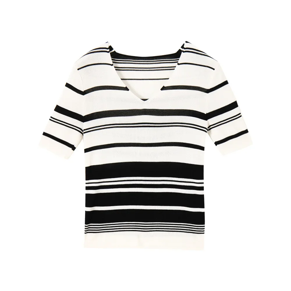 Женская хлопковая футболка в полоску с коротким рукавом и круглым вырезом