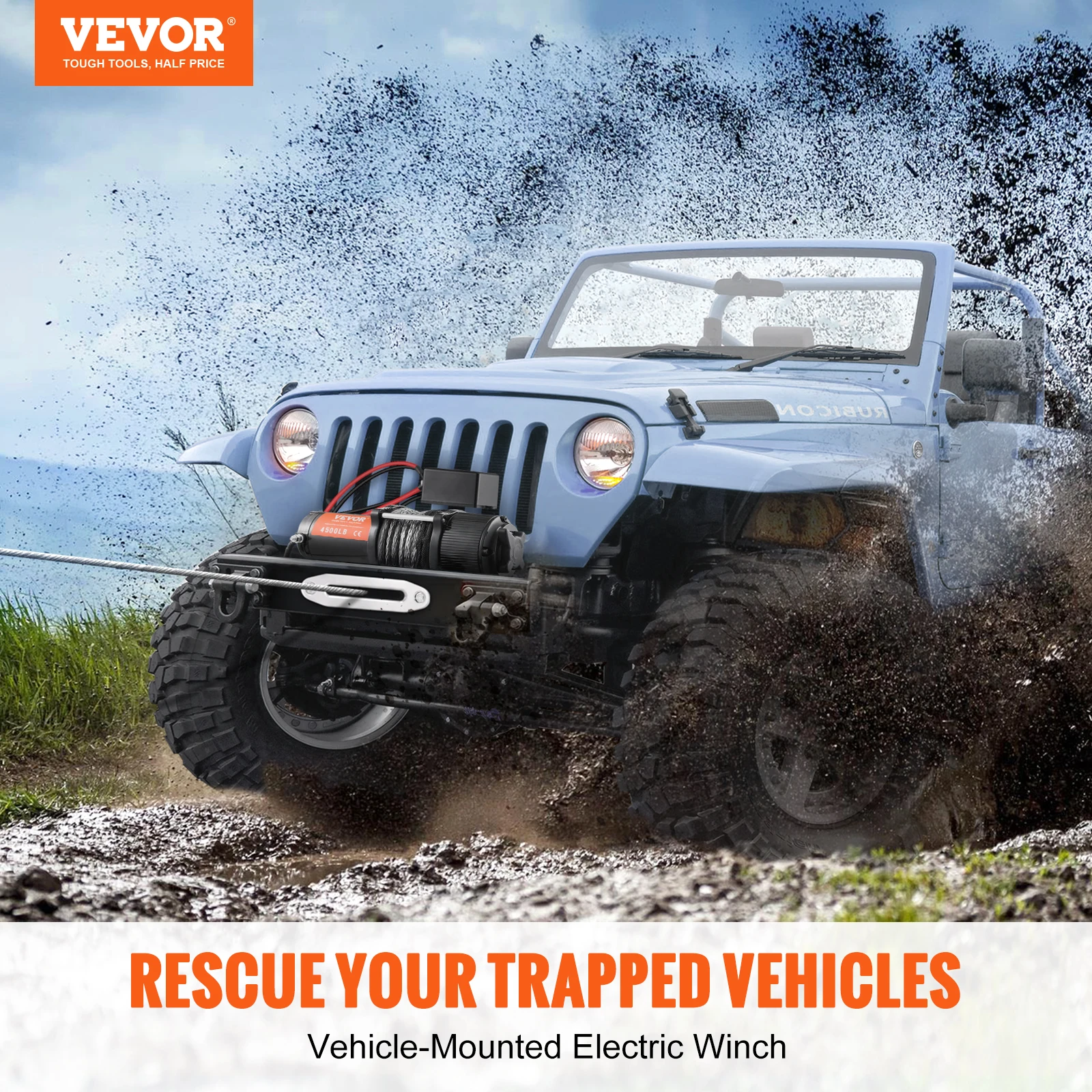 VEVOR 2000 4500lbs Electric Winch Steel Rope Wireless Handheld Remote 4 Way Fairlead for Towing Jeep Off Road SUV Car