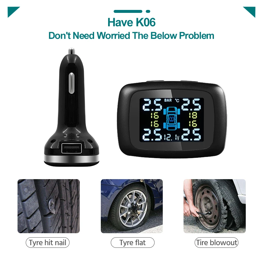 E-ACE Car TPMS Cigarette Lighter Charging Auto Tire Pressure Alarm Monitor System Display Tyre Pressure Temperature Secure Alarm