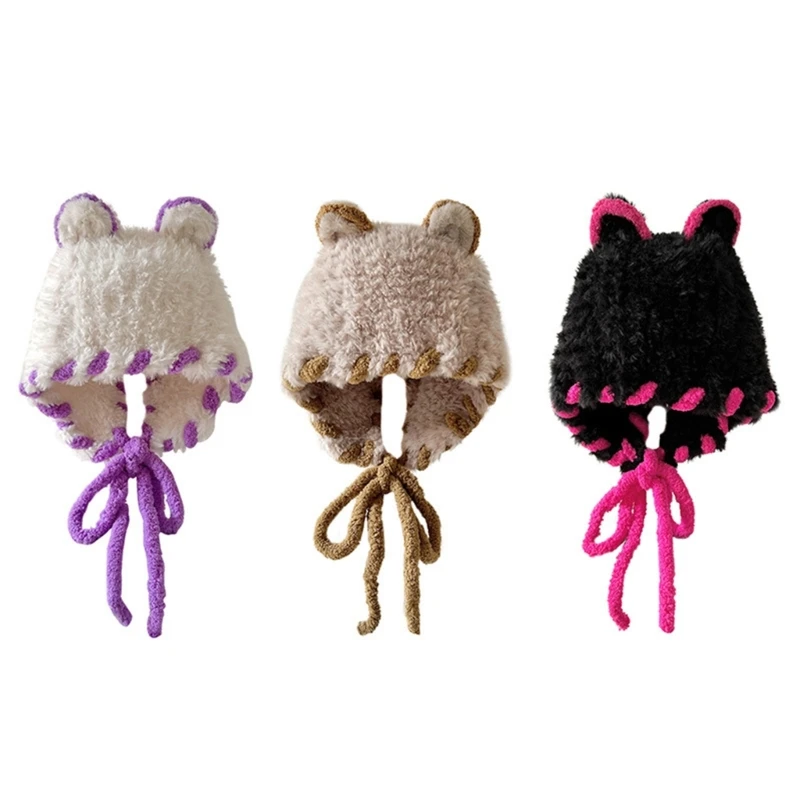 

Plush Ear Caps Wool Caps Autumn And Winter Warm Pullover Hat Solid Color