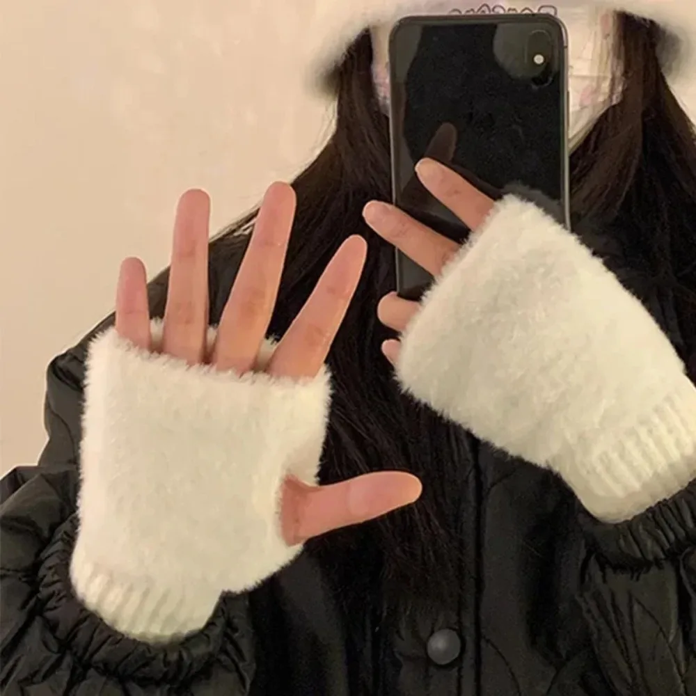 Soft Winter Half Finger Gloves Women Warm Luxury Solid White Plush Knitted Fingerless Gloves Wrist Mitten Writting winter gloves