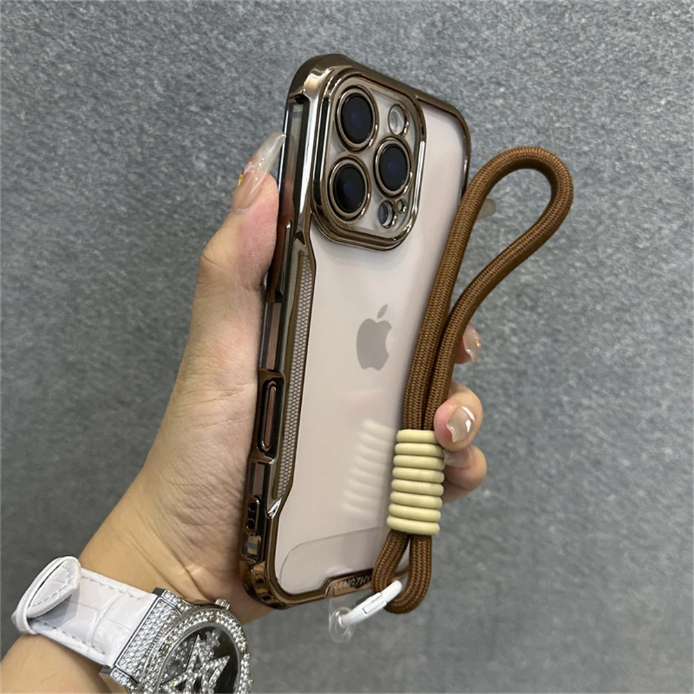 Elegant Plated Clear Wrist Strap Lanyard Phone Case with Cooling Protective Cover