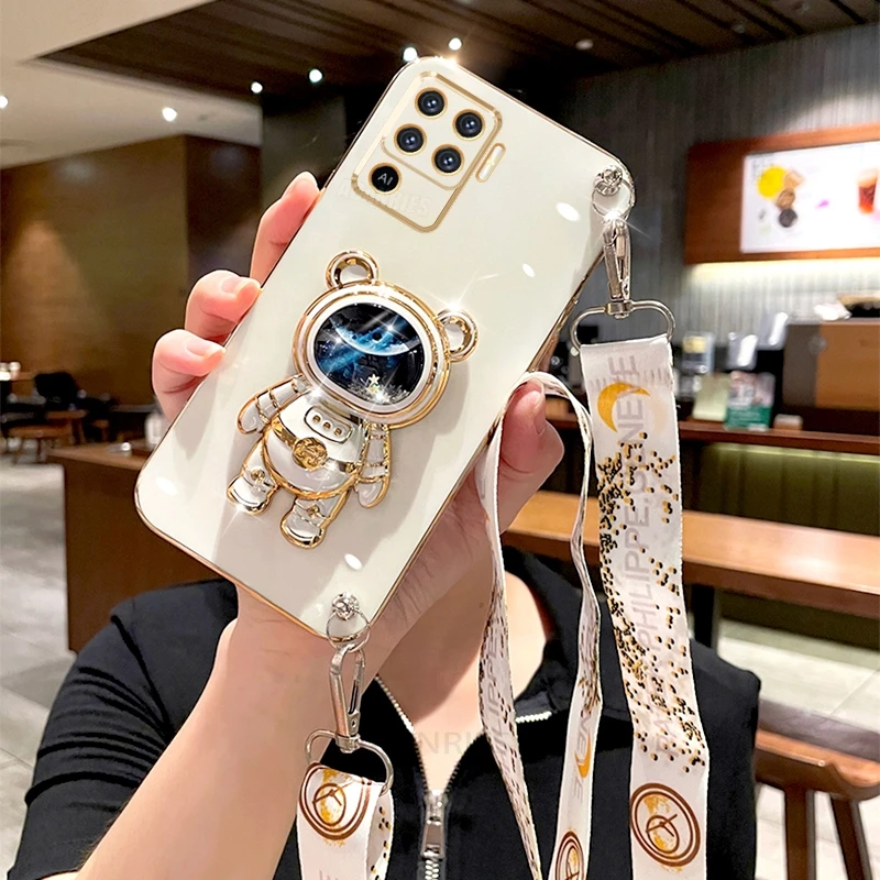 Reno5lite Crossbody Lanyard Plating Silicone Stand Case