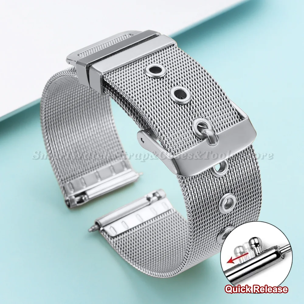 Elegant Silver Milanese Mesh Stainless Steel Watch Strap with Pinhole Buckle