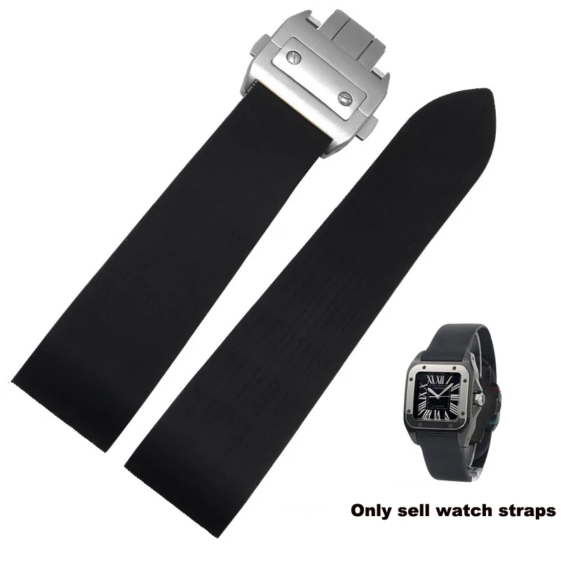 

Rubber Waterproof Watchband Fits for Cartier Santos 100 W2020007 Silicone Strap Silver Folding Buckle Bracelet 25mm wrist