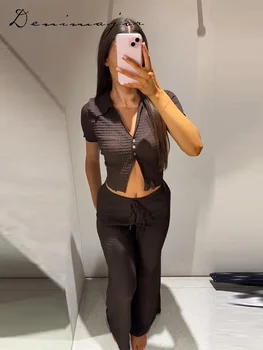 Casual Solid Textured Two-Piece Set Women's Lapel Short Sleeve Single Breasted Tops Straight Leg Pants 2026 New Lady Cozy Outfit 1
