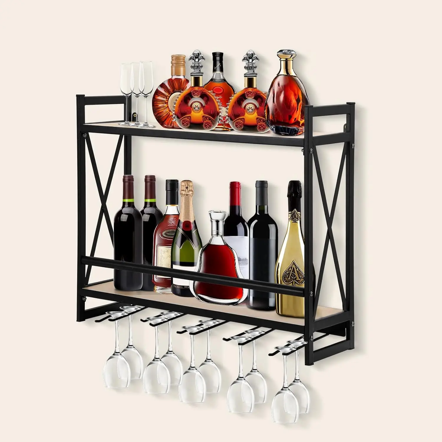 Industrial Wall Mounted Wine Rack, 2 Tiers Metal Hanging Wine Shelf with 5 Stem Glass Holder, Black Wall Wine Bottle Glass Rack