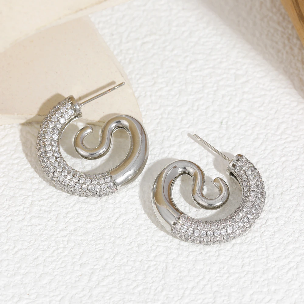 Sparkling Rhinestone Geometric Distortion Stud Earrings Chunky Vortex Ear Hoops Huggies Waterproof Statement Jewelry Rust Proof