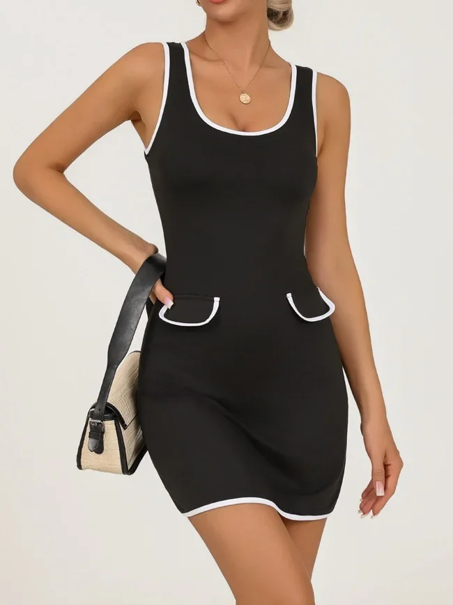 Women Tennis Golf Dress Sleeveless O Neck Black Patchwork Pocket High Elasticity Speed Dry Anti Glare Sport Fitness Tennis Skirt