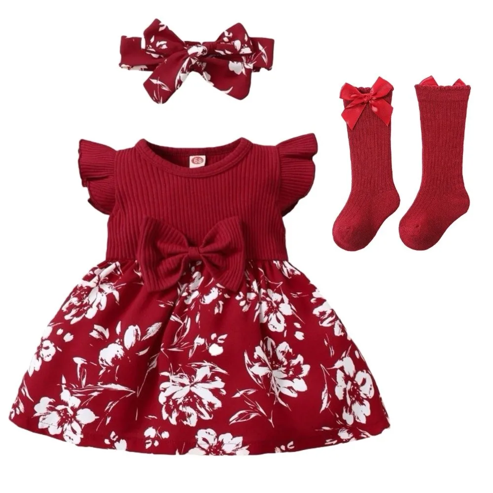 Bow Baby Girl Dress Cotton Short Sleeve Newborn Clothes Set Soft with Headband Socks Infant Red Princess Dress Photoshoot Outfit