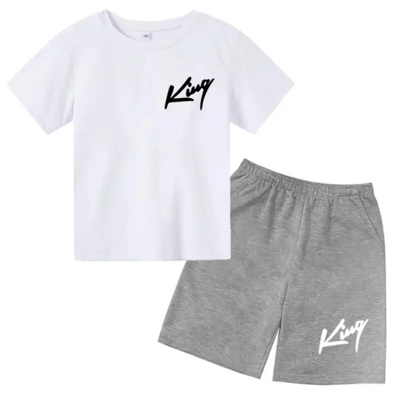 thumbnail image 1 of Conjunto de 2 piezas de camiseta y pantalones cortos informales con estampado de letras para niños y adolescentes a la moda para verano, 1 of 5