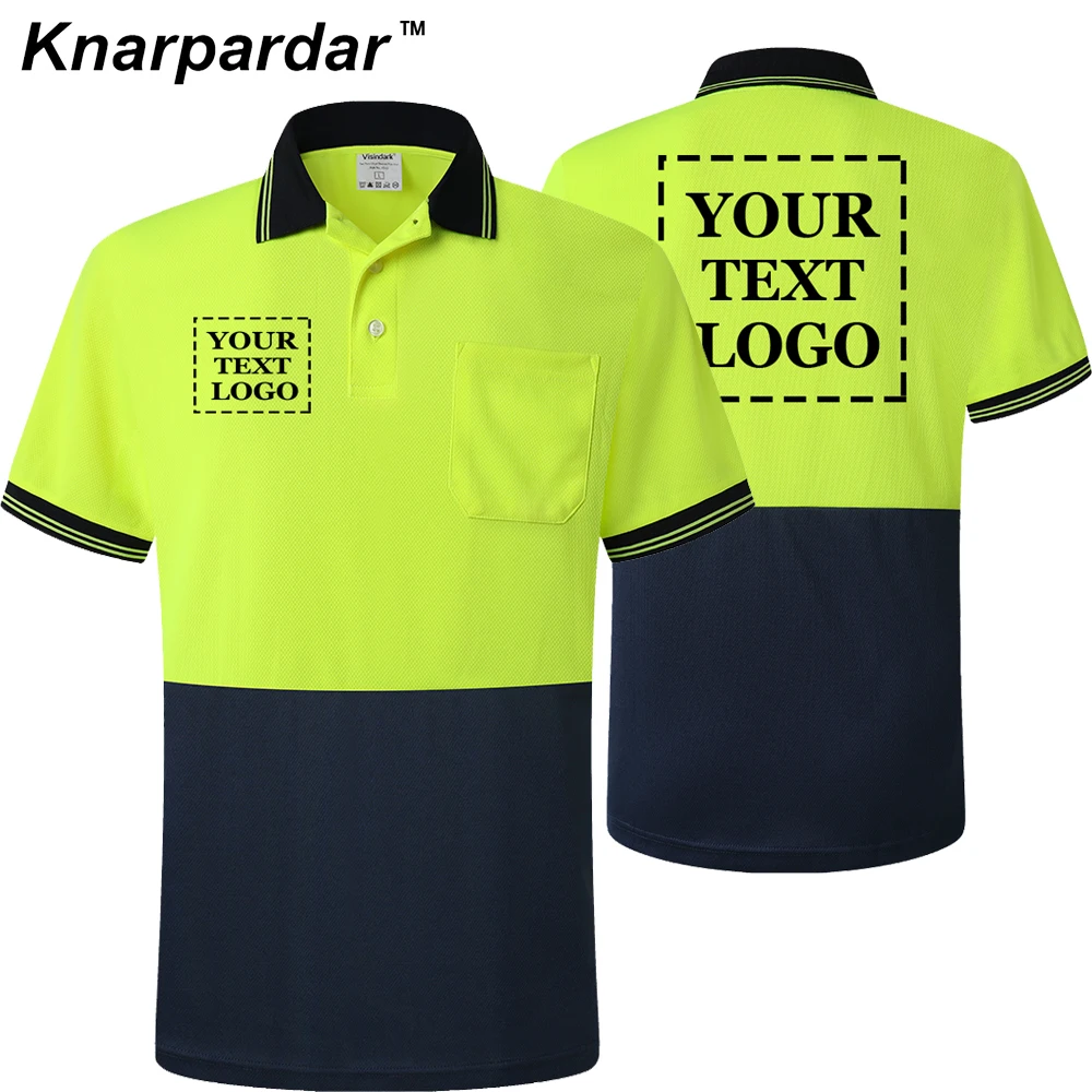 Hi Vis 로고 인쇄가있는 남성용 투톤 셔츠 노란색 해군 빠른 건조 안전 반사 셔츠 자동차 오토바이 용 작업복